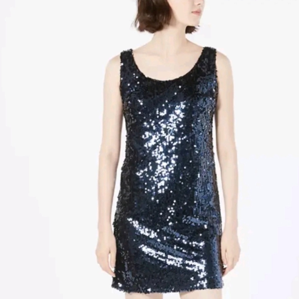 Calvin Klein blue sequined shiny mini shift dress party cocktail flirty sz 10